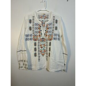 Sundance Blouse Sz Large Fully Embroidered 100% Cotton White Boho Peasent
